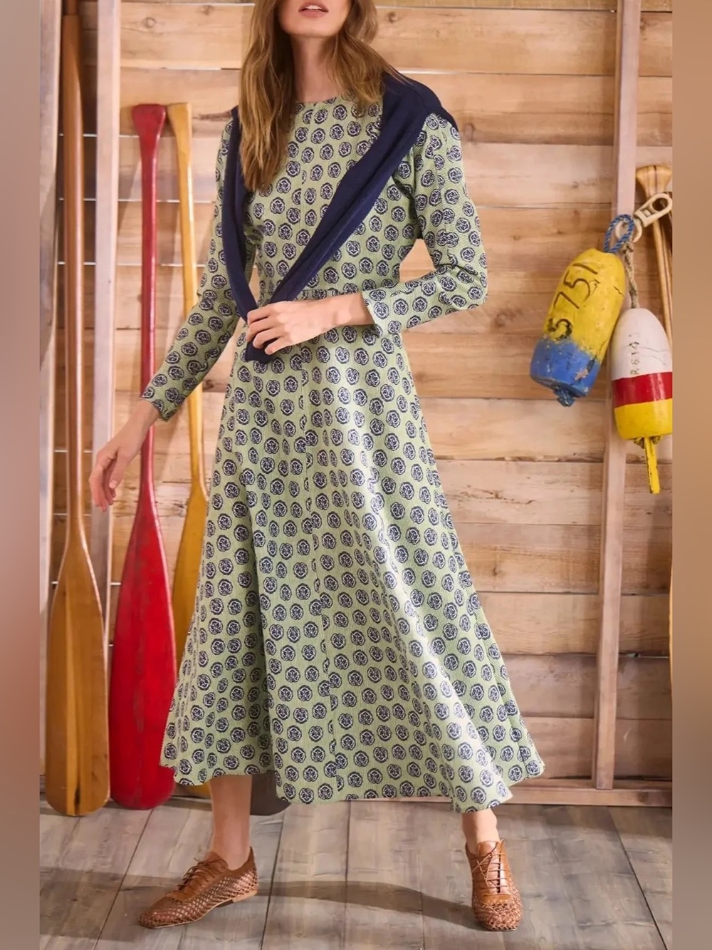 Hunter Bell Vika Dress in Bird Block 
Long-Sleeve Printed Midi Dress